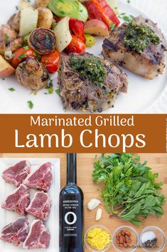 the ingredients for marinated grilled lamb chops on a white plate with text overlay