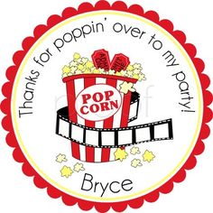 the logo for popcorn is shown in red and white