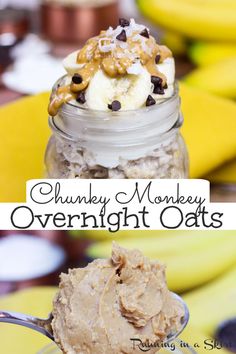 there are bananas and peanut butter on top of overnight oats in a glass jar