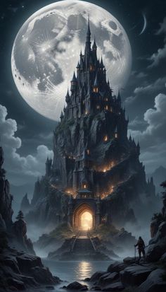 an image of a castle in the sky with a full moon behind it and water below