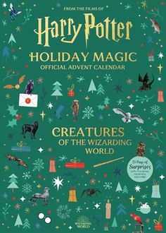 harry potter's holiday magic calendar is shown in this green background with snowflakes and