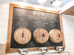 three wooden barrels are lined up on a chalkboard in front of the wine tasting menu