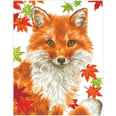 a cross stitch picture of a fox with autumn leaves on it's back ground