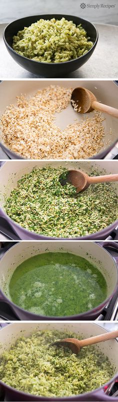 four pictures showing different types of food being cooked in pans