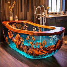 an aquarium style bathtub is shown in the bathroom