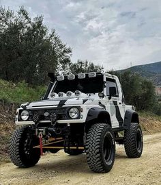 a white and black truck on dirt road next to trees