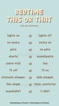 a poster with the words bedtime this or that in different font styles and colors