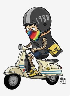 a man riding on the back of a scooter with a rainbow painted helmet