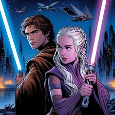 the poster for star wars is shown with two people holding lightsabes in their hands