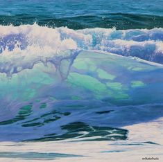 a painting of an ocean wave with green and blue paint on it's surface