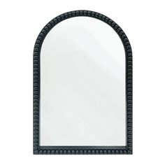 an arched mirror with beading around the edges and a black frame, on a white background