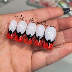 All nails have a milky white gel base color. Red cat eye French tips with black bats hand painted on the smile line. All nails have a glossy top coat finish. All nails have a builder gel layer. Available in different shapes and lengths. **Please measure your nails for the XXL length and select "XXL Custom Sizes" then send me your measurements.** Each order comes with a nail prep kit which includes nail glue, nail adhesive tabs, nail file, buffer, cuticle stick, alcohol wipes, and instructions. Please don't hesitate to ask me any questions. Bat Nails Square, Bat French Nails, Halloween Bat Nail Designs, Cat Eye French Tips, Halloween Nails Bats, Halloween Bat Nails, Bat Nails Art, Red French Tips