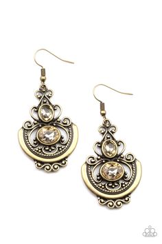 Oval golden rhinestones embellish an ornate brass frame swirling with studded and textured brass filigree, coalescing into an elegant lure. Earring attaches to a standard fishhook fitting.

 Sold as one pair of earrings. Filigree Earrings, Fish Hook Earrings, Paparazzi Accessories, Paparazzi Jewelry, Pink Rhinestones, Brass Frame, Silver Filigree, Brass Earrings, Silver Frame