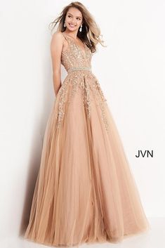 Ball Gown Gold, Prom Ballgown, Dress Plunging Neckline, Plus Size Ball Gown, Jovani Gown, Ball Gown Prom Dress, Beautiful Evening Gowns, A Line Evening Dress, Lace Ball Gowns