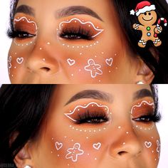 Debra Jenn in gingerbread makeup for christmas Christmas Cheek Makeup, Christmas’s Makeup, Cute Holiday Makeup Looks, Christmas Makeup Gingerbread, Cool Christmas Makeup Looks, Holiday Make Up Looks Christmas, Gingerbread Makeup Look Easy, Ginger Bread Man Makeup, Winter Holiday Makeup