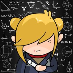 a drawing of a blonde haired girl surrounded by math symbols on a blackboard background