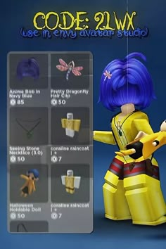 the character is wearing yellow clothing and has blue hair, while she holds her hand out to