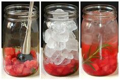 three jars with strawberries and ice in them