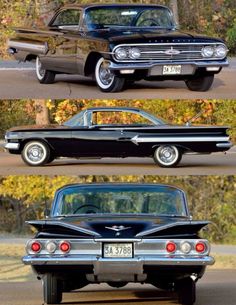 three different pictures of an old black car with chrome rims and the front end showing