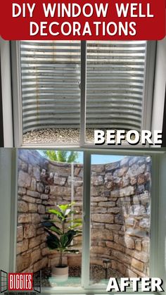 the before and after pictures of a window well decorated with brick walls, white shutters, and a potted plant