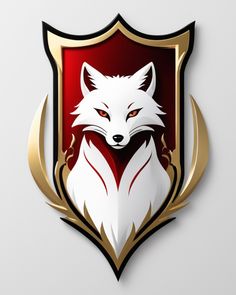 a red and gold emblem with a white fox on it's face, in front of a gray background