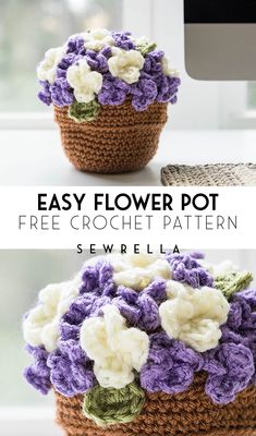 the crochet flower pot is made from two different types of yarn and has flowers in it