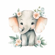 an elephant with flowers on it's head sitting in front of a white background