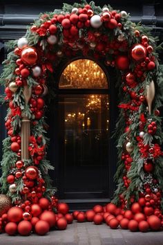 a decorated archway with red and gold ornaments