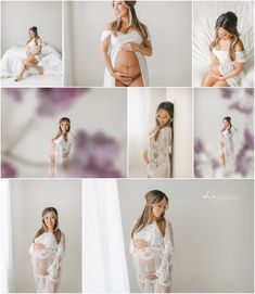 a pregnant woman poses in her white gown while holding her belly and posing for the camera