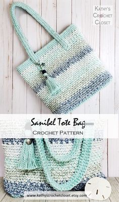 a crocheted tote bag with tassels on the handles and bottom