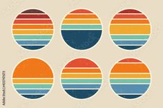 six retro style circles with different colors and stripes on them, all in the same pattern