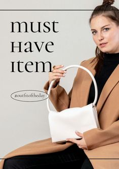 a woman holding a white purse with the words must have item written on it in front of her