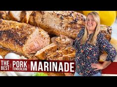 a woman standing in front of some meats and vegetables with the words, the pork marinade