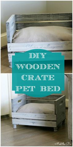 diy wooden crate bed made out of pallets with text overlay that reads diy wooden crate pet bed