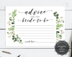 the advice for the bride to be card with greenery on it, surrounded by scissors and