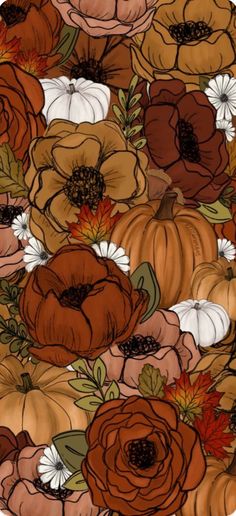 a bunch of pumpkins and flowers on a white background with brown, orange, and red colors