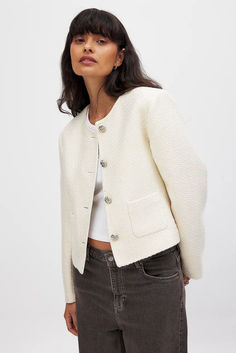 Tweed Jacket Classic White Tweed Jacket With Pockets, White Tweed Outerwear With Button Closure, White Long Sleeve Tweed Jacket With Button Closure, Classic White Tweed Jacket With Button Closure, Chic White Tweed Jacket With Button Closure, White Tweed Blazer With Button Closure, White Single Breasted Tweed Outerwear, White Single-breasted Tweed Outerwear, Tweed Blazer Outfit Women