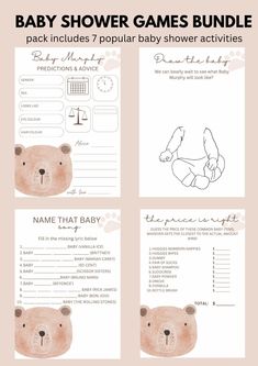 the baby shower games bundle includes teddy bear drawings, and instructions for each child to use