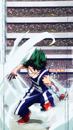 an anime character with green hair and glasses in front of a stadium full of people