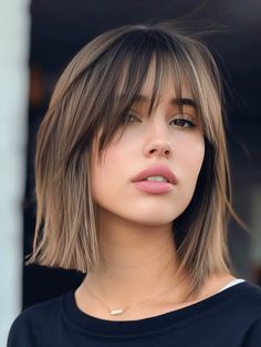 Bob With Bardot Bangs, One Lenght Hairstyle Bob, Straight Bob Curtain Bangs, Shoulder Length Hair With Bangs Straight, Curtain Bangs Short Hair Straight, Fringe Bob Haircut, Long Bob With Fringe, Shoulder Length Hair With Bangs, Brunette Hair Cuts