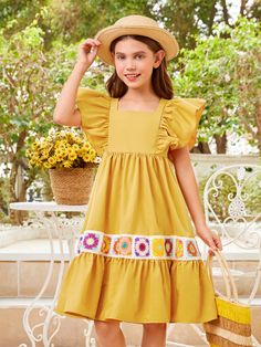 Mustard Yellow Boho Collar Cap Sleeve Woven Fabric Floral Smock Embellished Non-Stretch  Tween Girls Clothing Girls Boho Dress, Cute Short Dresses, Frock Dress, Girls Frock Design, Ruffle Trim Dress, Floral Dress Casual, Cute Hairstyles For Short Hair, Short Hair With Bangs