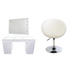 a white vanity table with a mirror and stool next to it on a white background