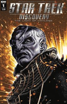 the cover to star trek discovery, featuring an image of a man in armor with his head