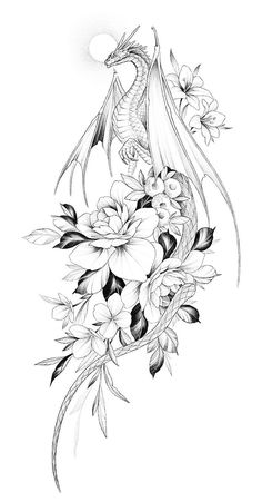 a black and white drawing of a dragon with flowers on it's back side