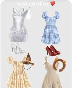 several different types of clothes and shoes on display with the caption wizard of oz