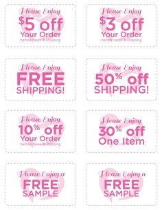 four coupons for free shipping with pink and white designs