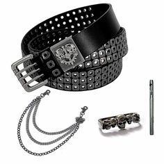 PRICES MAY VARY. Material:Genuine Leather Color:Black Style:Biker Edgy and stylish: Our Skull Punk Roller Buckle Studded Three Hole Leather Belt with Chain is perfect for men who want to stand out from the crowd. High-quality materials: Made of premium leather and metal, this belt is designed to last. It's durable and comfortable to wear all day long. Unique design: Our belt features a skull roller buckle, studded details, and a chain to add an extra punk edge to your outfit. Three-hole design: Belt With Chain, Punk Rocker, Branded Belts, A Skull, Studded Leather, Chains For Men, Black Style, Everyday Look, Leather Belt