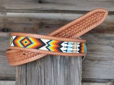 Western Leather Inlay Beaded Belt | Etsy Beaded Belts Western, Beaded Belts Patterns, Beaded Hat Bands, Custom Leather Belts, Leather Working Patterns, Native Beading Patterns, Bead Tips, Bead Loom Designs, Handmade Leather Belt