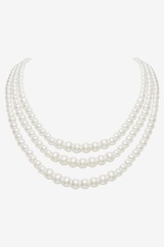 This sumptuous piece of jewelry features a retro-elegant yet slightly modern style that complements the lavish garments, reminiscent of the roaring 1920s. Features: Lustrous imitation pearls Three strand design 16.9 inch / 43cm, 18.1 inch / 46cm, 19.7 inch / 50cm long 6mm, 8mm, 10mm pearls 1920 Accessories, 20s Jewelry, Multi Strand Pearl Necklace, Roaring 1920s, 1920s Jewelry, Your 20s, Roaring 20s, Multi Strand, 16 9