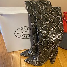 Grey Snake Print Knee High Boots Worn Once New With Box Trendy Gray Leather Boots, Chic Gray Boots With Round Toe, Trendy Gray Pointed Toe Boots, Chic Gray Pointed Toe Boots, Steve Madden Cobra Boots, Snake Skin Knee Boots, Steve Madden Knee High Boots, Brown Leather Wedge Boots, Pink Suede Boots